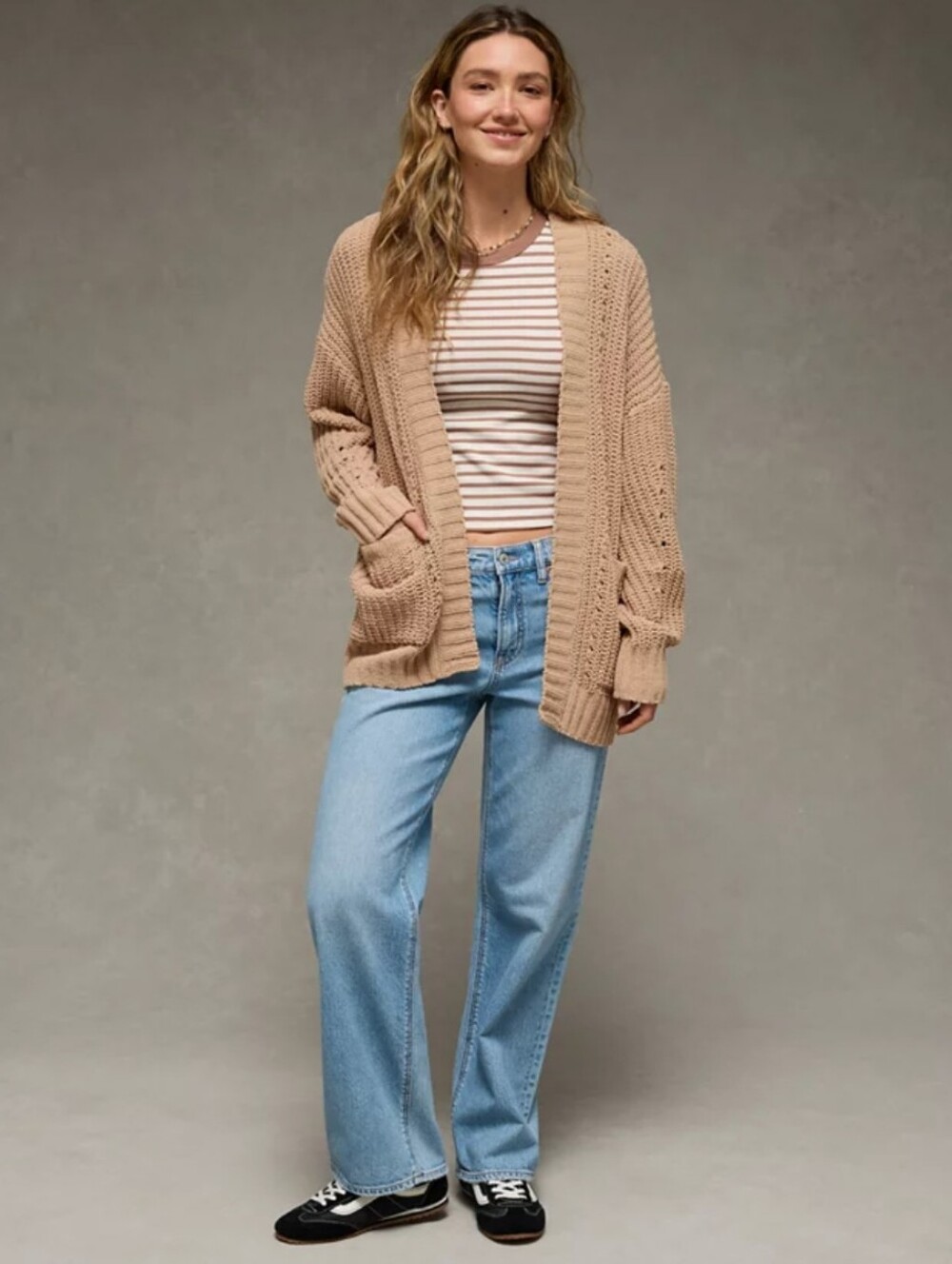American Eagle Outfitters Open-Front Chunky Cardigan in Beige